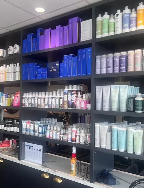 Black retail shelves neatly stocked with organized colorful hair care and styling products.